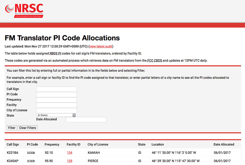 NRSC PI Codes Web Page