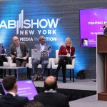 Richard Zack, Founder and CEO, Our.News, pitching to the judges (from the left: Joe Weir, Vice President Digital Media at Cox Media Group; Michele Laven, President of Strategic Partnerships Group at iHeartMedia; Roger Keating, Chief Strategy and Business Development Officer at Hearst Television; Mike Chapman, Managing Director at Accenture Strategy; Lora Dennis, Senior Vice President of Digital Media at NBC Owned Television Stations; )