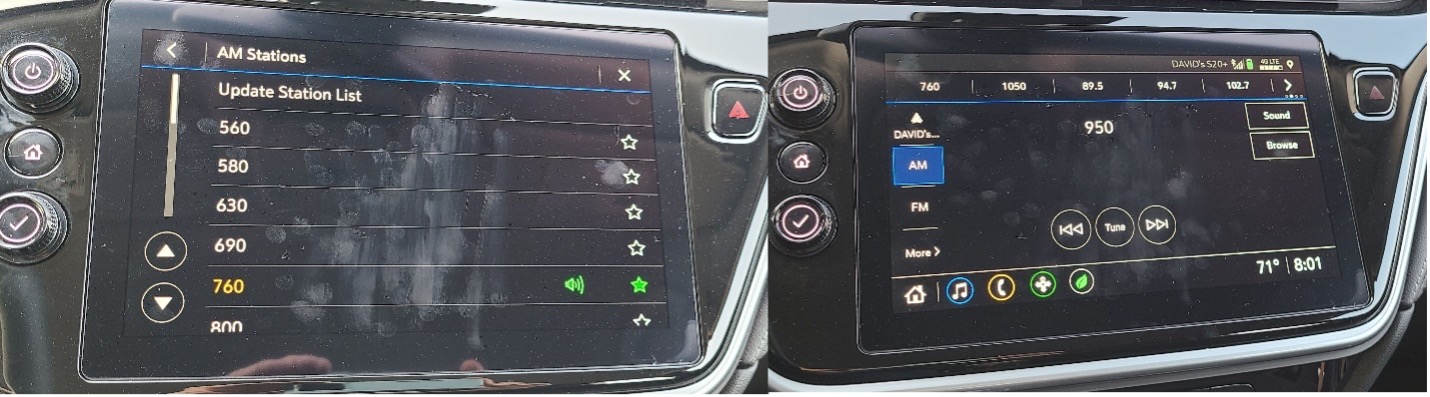 Chevy Bolt infotainment screen showing partial AM station list (left) and AM radio “now playing” screen (note the lack of metadata).