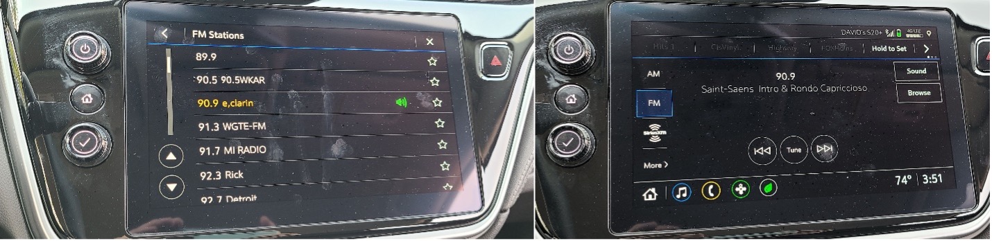 Chevy Bolt infotainment screen showing partial FM station list (left) and FM radio “now playing” screen (including metadata delivered by the RDS FM subcarrier).