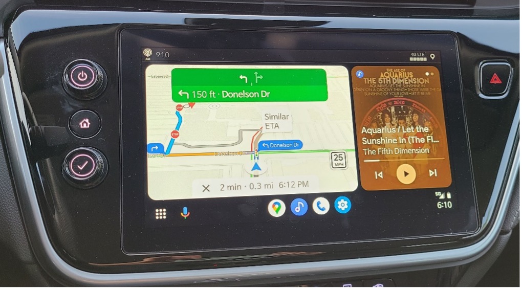 Chevy Bolt infotainment screen showing Android Auto (Google Maps on the left and Samsung Music on the right). Note extensive use of graphics and text.