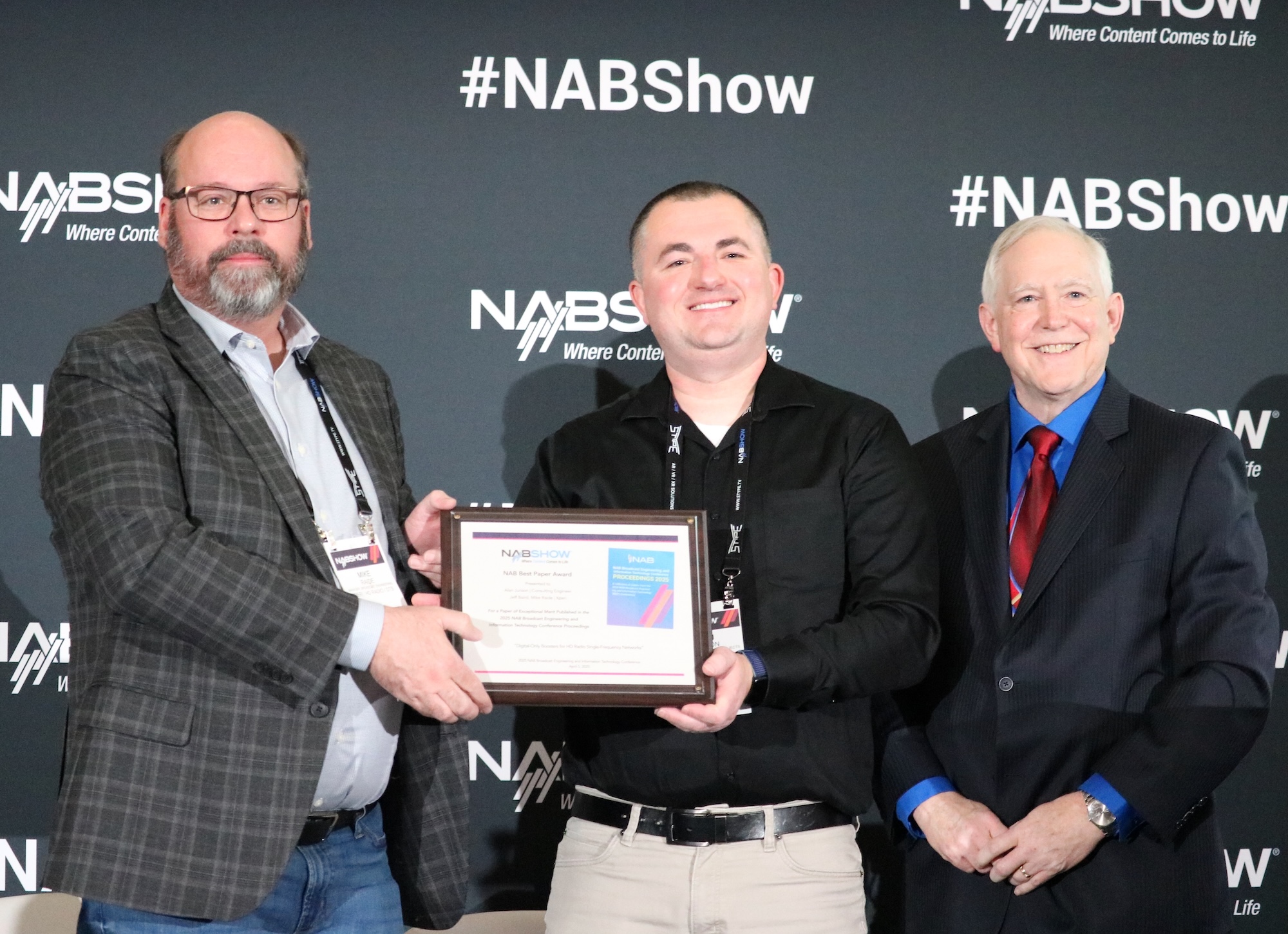 Alan Jurison and Xperi’s Mike Raide and Jeff Baird are the winners of the 2025 NAB BEIT Conference Proceedings Best Paper Award for their paper, “Digital-Only Boosters for HD Radio Single Frequency Networks.”